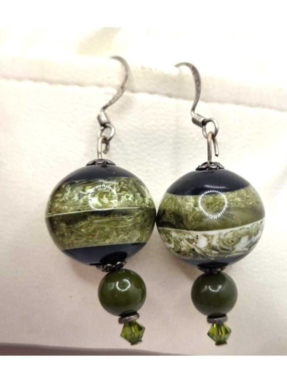 Green & Black Glass Bead Drop Earrings With Silver Hooks